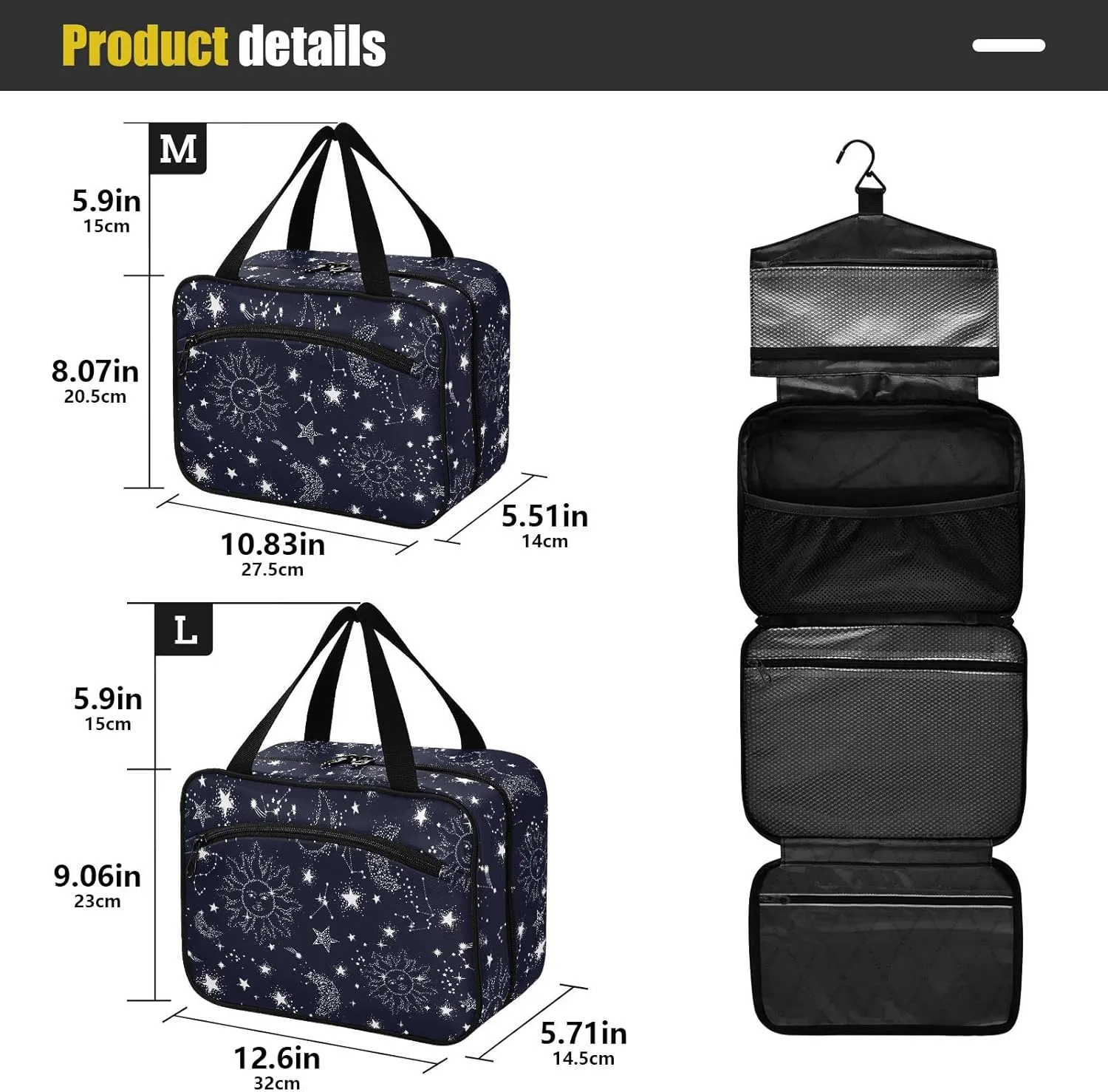 linqin Toiletry Bag for Travel, Starry Night Star Sun Moon Makeup Bag Large Cosmetic Bag Organizer with Hanging Hook for Women Men
