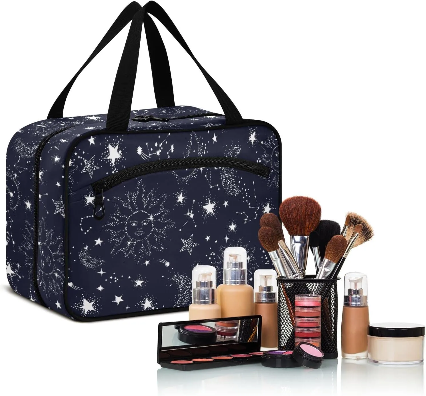 linqin Toiletry Bag for Travel, Starry Night Star Sun Moon Makeup Bag Large Cosmetic Bag Organizer with Hanging Hook for Women Men