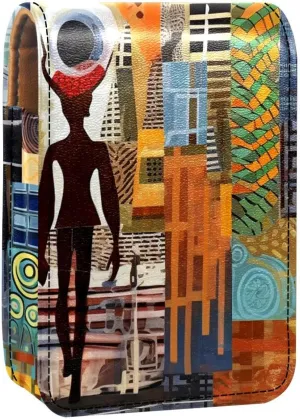 Lipstick Case,Leather Lip Gloss Lipstick Organizer with Mirror,Mini Lipstick Holder Bag,Abstract Africa Print People