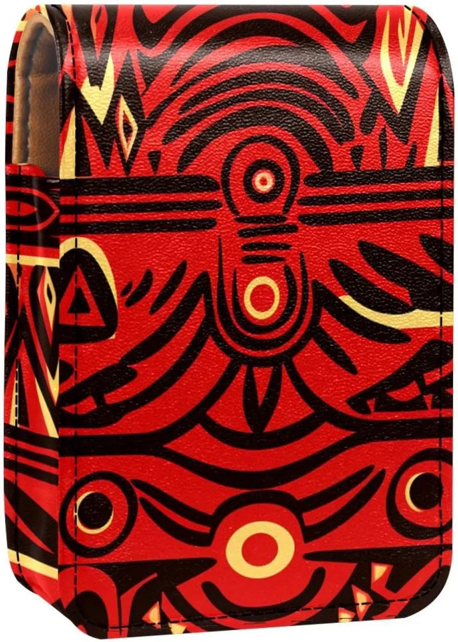 Lipstick Case,Leather Lip Gloss Lipstick Organizer with Mirror,Mini Lipstick Holder Bag,African Boho Ethnic Group