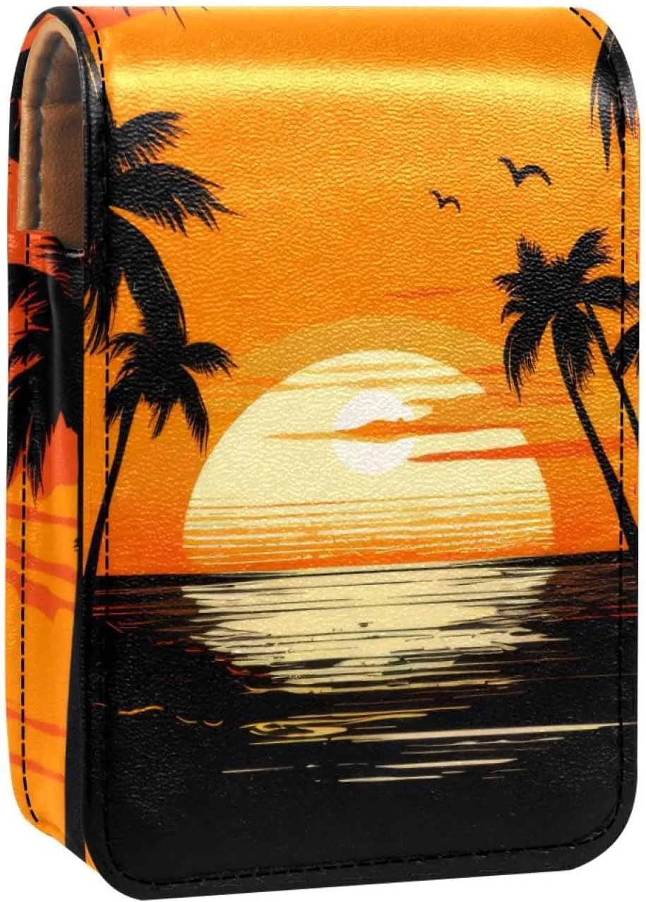 Lipstick Case,Leather Lip Gloss Lipstick Organizer with Mirror,Mini Lipstick Holder Bag,Beach Palm Tree Sunset