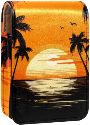 Lipstick Case,Leather Lip Gloss Lipstick Organizer with Mirror,Mini Lipstick Holder Bag,Beach Palm Tree Sunset