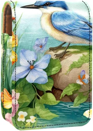 Lipstick Case,Leather Lip Gloss Lipstick Organizer with Mirror,Mini Lipstick Holder Bag,Birds Flowers Garden River