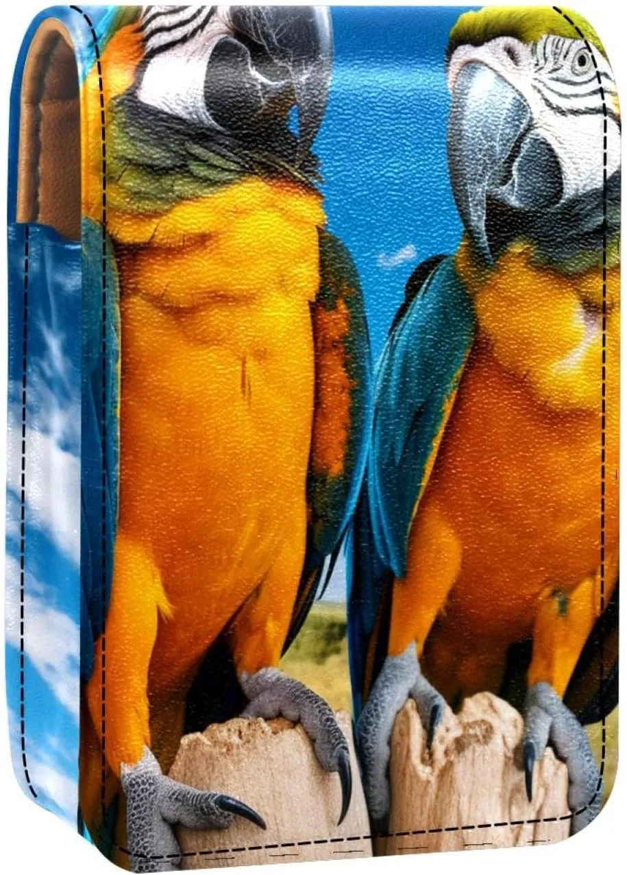 Lipstick Case,Leather Lip Gloss Lipstick Organizer with Mirror,Mini Lipstick Holder Bag,Blue Prairie Bird Parrots