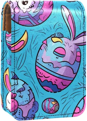Lipstick Case,Leather Lip Gloss Lipstick Organizer with Mirror,Mini Lipstick Holder Bag,Bunny Colorful Egg Doodles