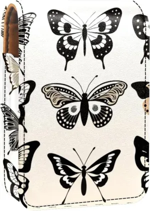 Lipstick Case,Leather Lip Gloss Lipstick Organizer with Mirror,Mini Lipstick Holder Bag,Butterflies Hand Drawn