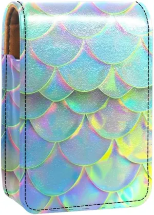 Lipstick Case,Leather Lip Gloss Lipstick Organizer with Mirror,Mini Lipstick Holder Bag,Candy Color Mermaid Fish Scale