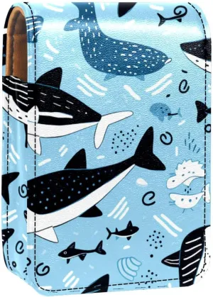 Lipstick Case,Leather Lip Gloss Lipstick Organizer with Mirror,Mini Lipstick Holder Bag,Cartoon Dolphin Fish Sea Black Blue
