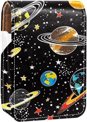 Lipstick Case,Leather Lip Gloss Lipstick Organizer with Mirror,Mini Lipstick Holder Bag,Cartoon Space Rocket Planet