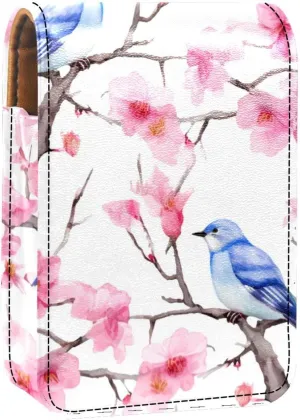 Lipstick Case,Leather Lip Gloss Lipstick Organizer with Mirror,Mini Lipstick Holder Bag,Cherry Blossom and Blue Bird