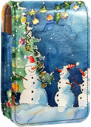 Lipstick Case,Leather Lip Gloss Lipstick Organizer with Mirror,Mini Lipstick Holder Bag,Christmas Tree Snowmen