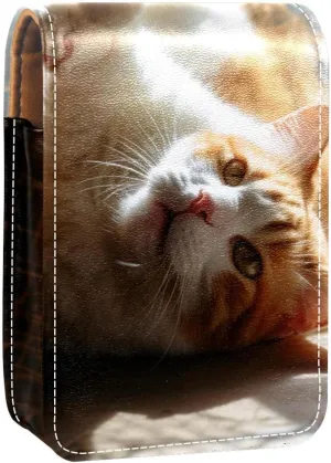 Lipstick Case,Leather Lip Gloss Lipstick Organizer with Mirror,Mini Lipstick Holder Bag,Cute Lying Cat