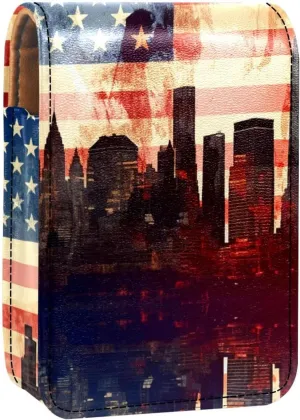 Lipstick Case,Leather Lip Gloss Lipstick Organizer with Mirror,Mini Lipstick Holder Bag,Flag of New York Usa