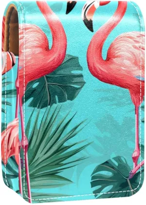 Lipstick Case,Leather Lip Gloss Lipstick Organizer with Mirror,Mini Lipstick Holder Bag,Flamingo Leaves Tropical Hawaiian Style