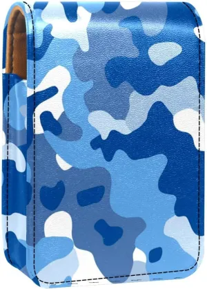 Lipstick Case,Leather Lip Gloss Lipstick Organizer with Mirror,Mini Lipstick Holder Bag,Sea Blue Camouflage