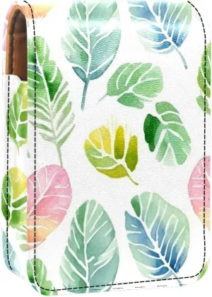Lipstick Case,Leather Lip Gloss Lipstick Organizer with Mirror,Mini Lipstick Holder Bag,Tropical Green Palms Leaves