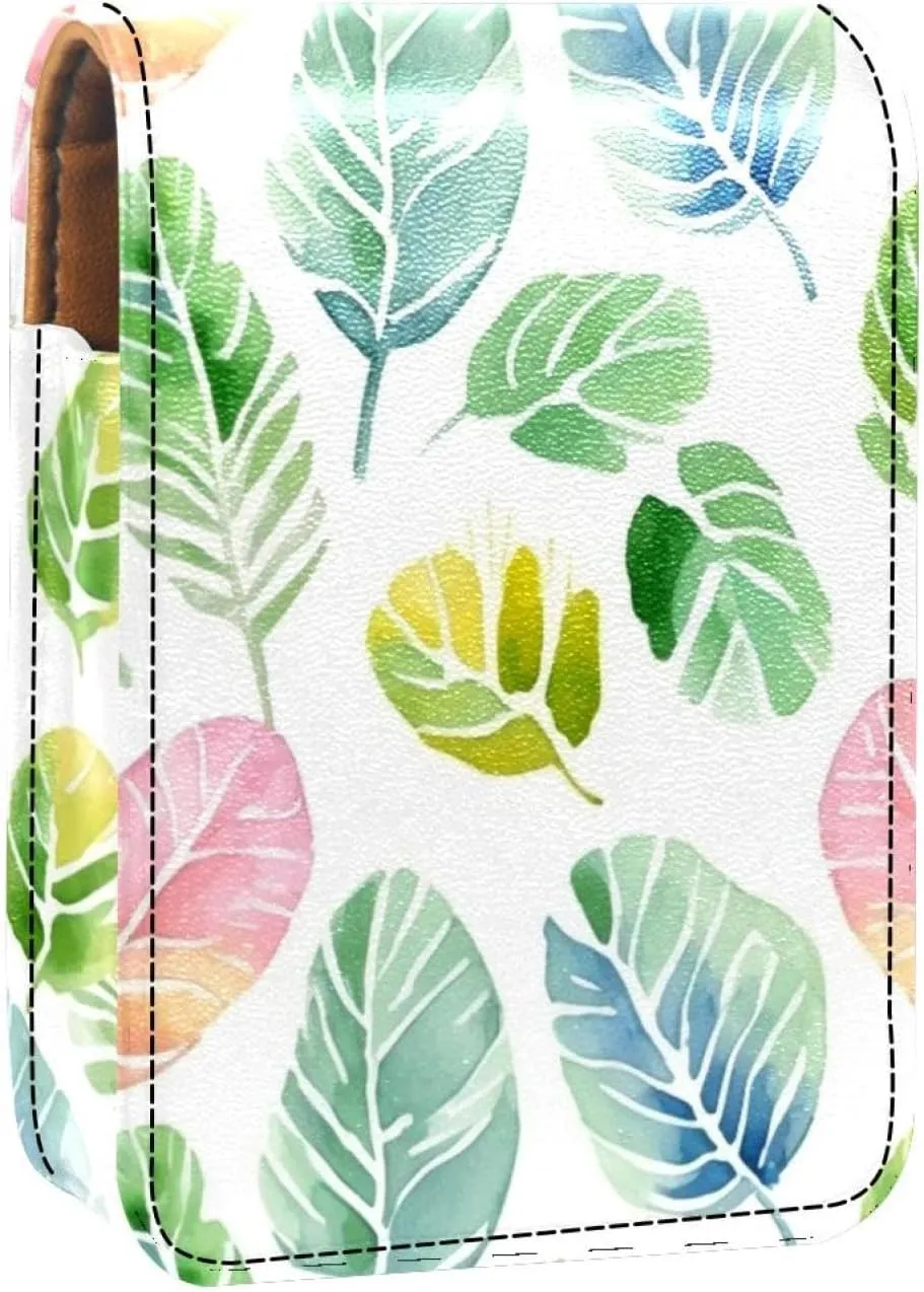 Lipstick Case,Leather Lip Gloss Lipstick Organizer with Mirror,Mini Lipstick Holder Bag,Tropical Green Palms Leaves