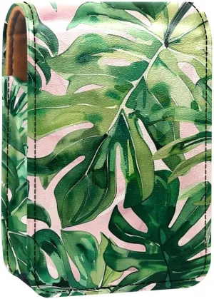 Lipstick Case,Leather Lip Gloss Lipstick Organizer with Mirror,Mini Lipstick Holder Bag,Tropical Leaves