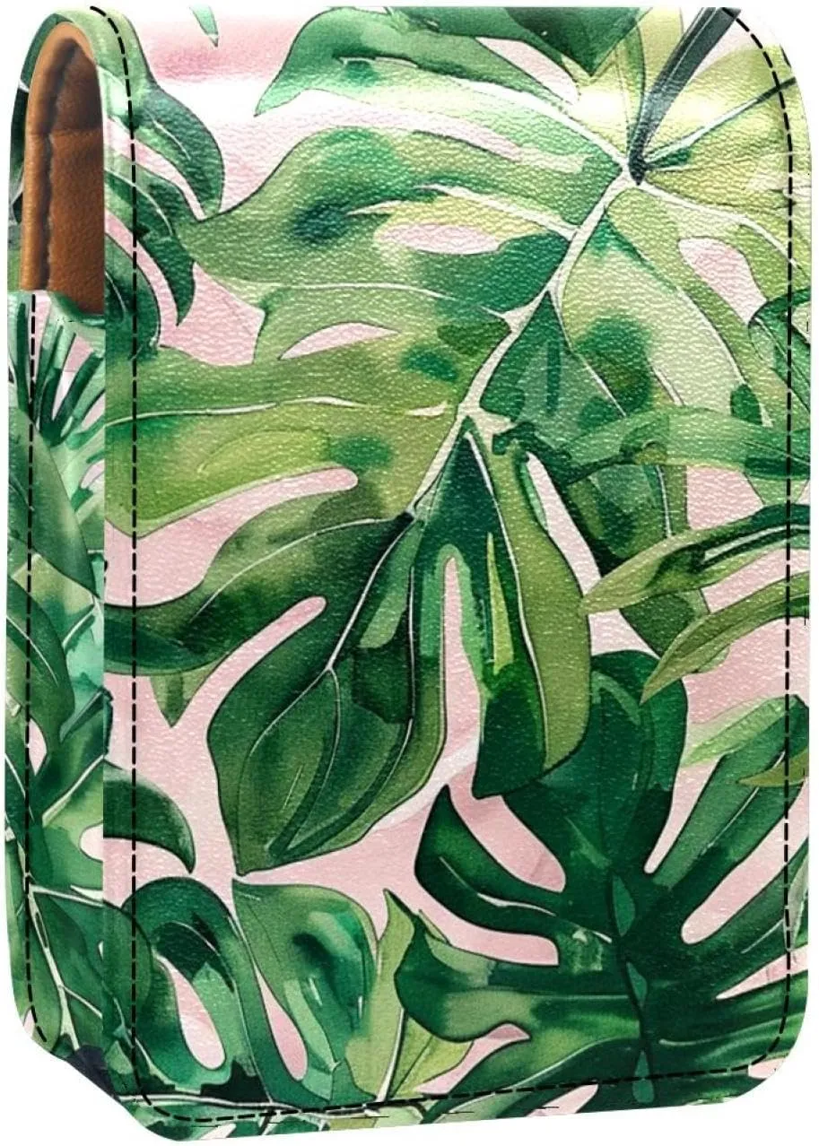 Lipstick Case,Leather Lip Gloss Lipstick Organizer with Mirror,Mini Lipstick Holder Bag,Tropical Leaves