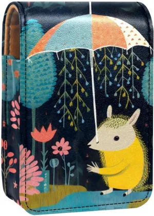 Lipstick Case,Leather Lip Gloss Lipstick Organizer with Mirror,Mini Lipstick Holder Bag,Umbrella Cartoon Forest Animal Raining