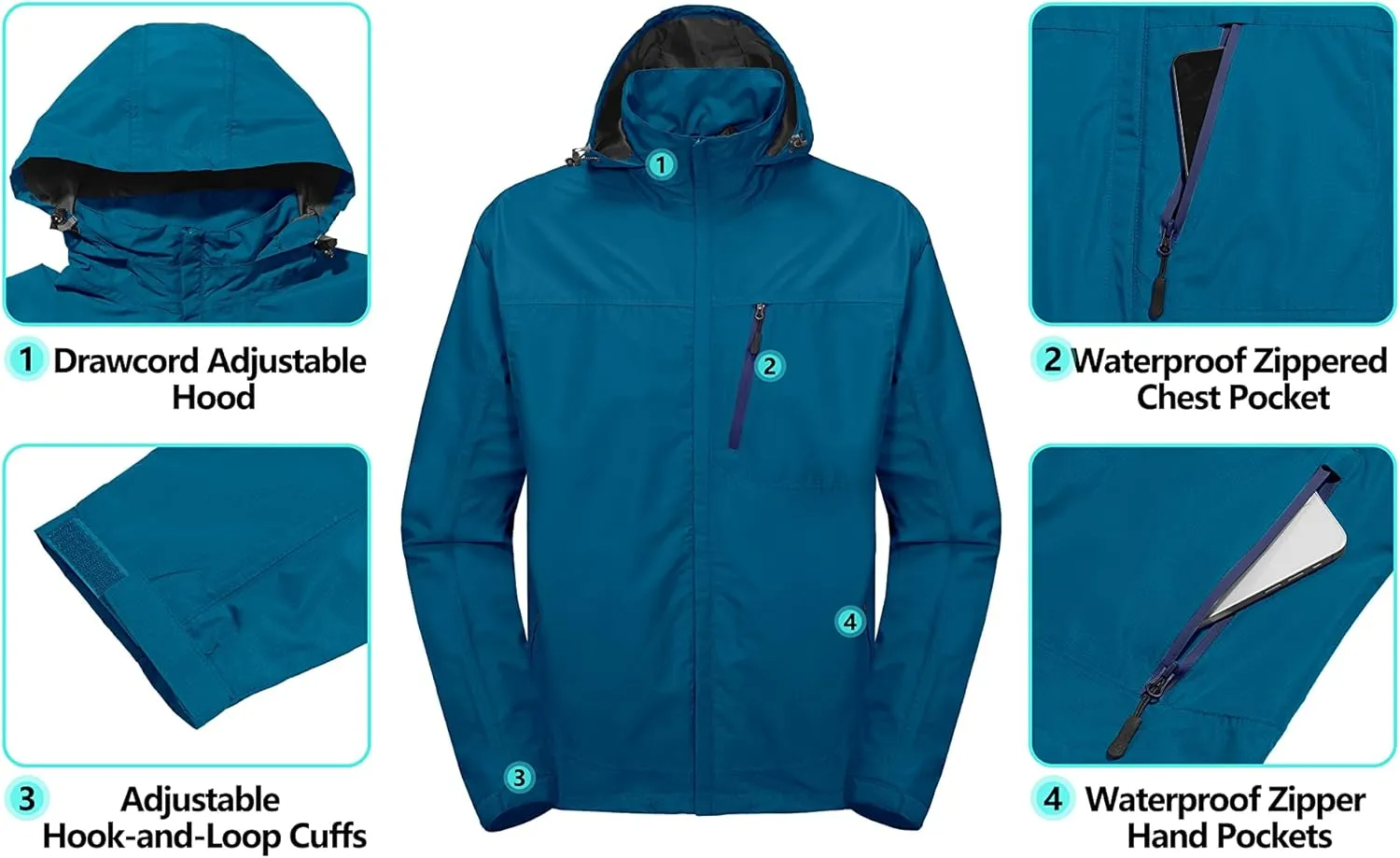 Little Donkey Andy Men's Waterproof Rain Jacket with Detachable Hood Outdoor Raincoat for Hiking Travel Cycling