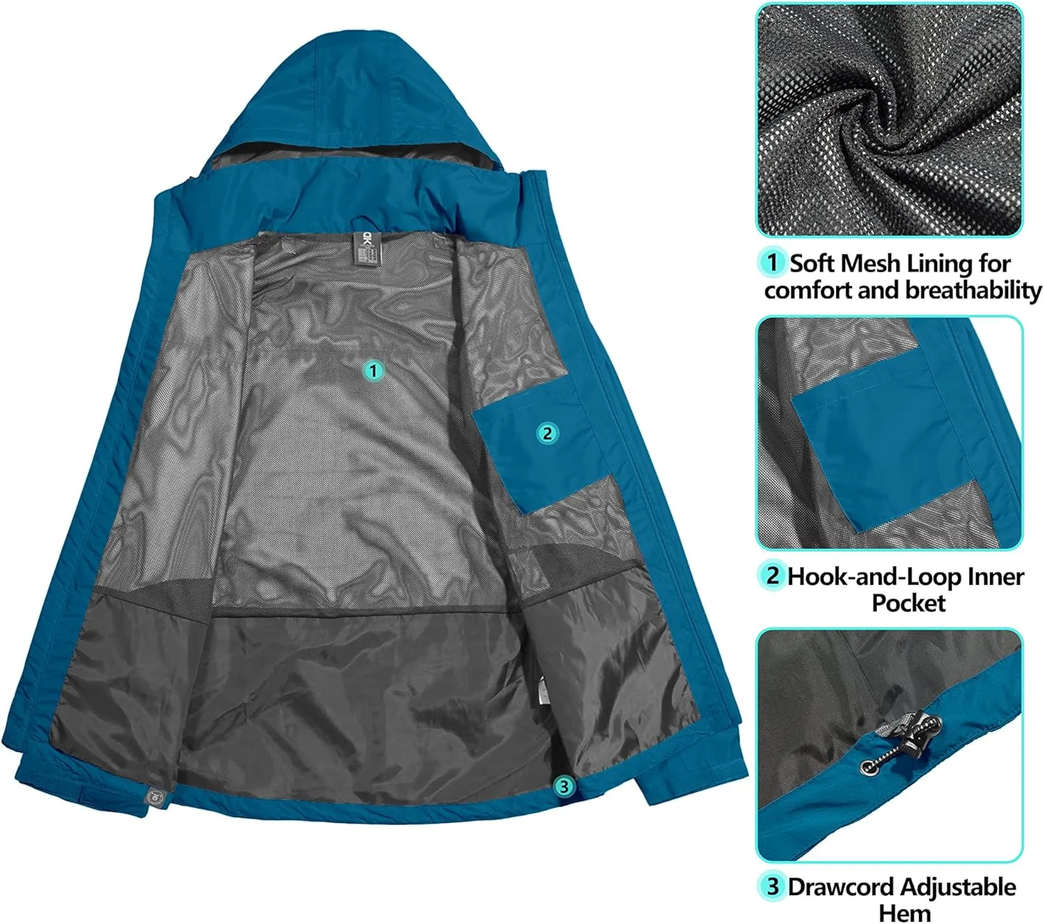 Little Donkey Andy Men's Waterproof Rain Jacket with Detachable Hood Outdoor Raincoat for Hiking Travel Cycling