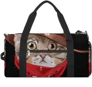 Little Kitten in Cowboy Sports Tote Gym Bag for Women Men, Overnight Bag with Shoe Compartment Water Resistant
