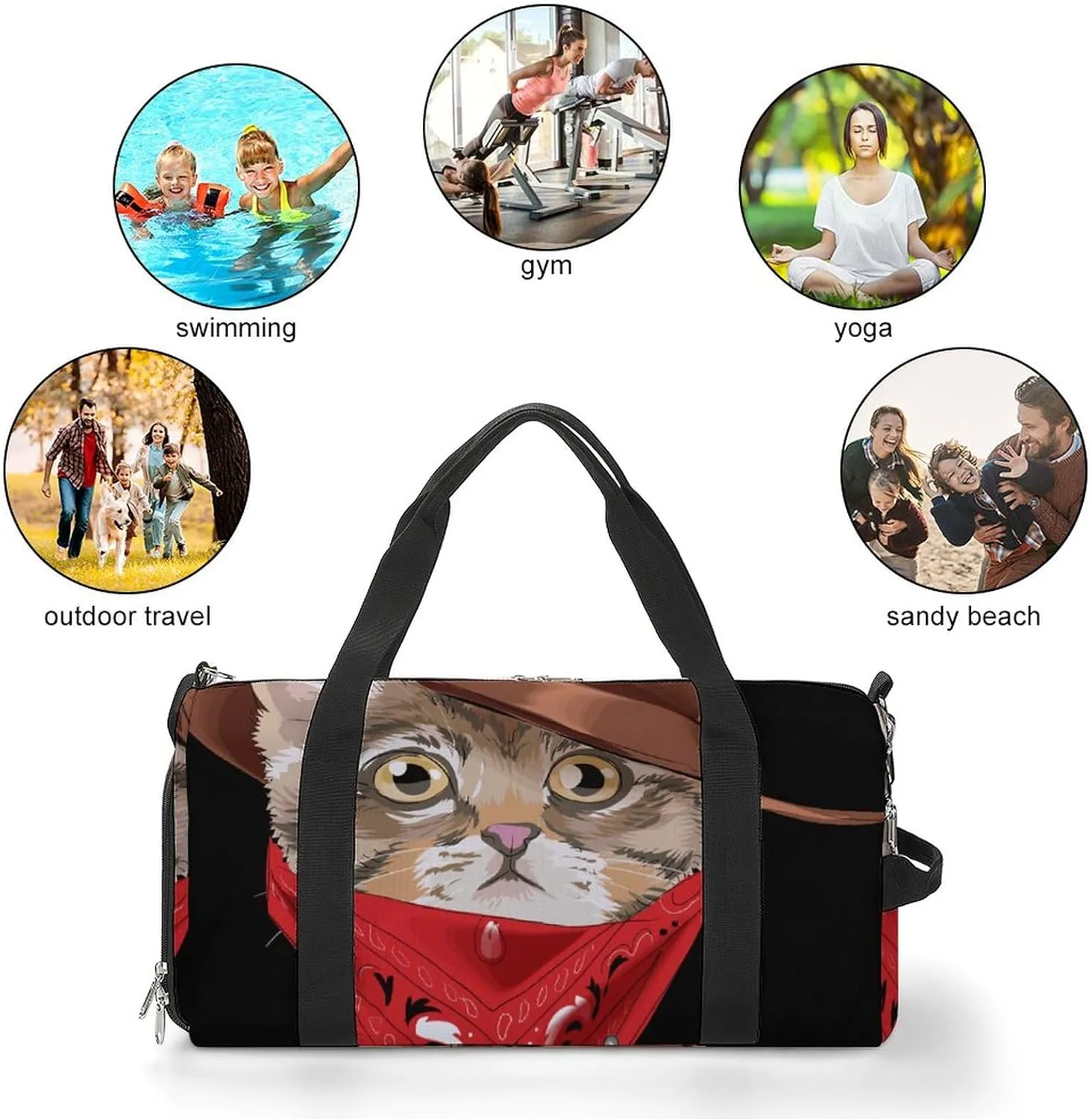 Little Kitten in Cowboy Sports Tote Gym Bag for Women Men, Overnight Bag with Shoe Compartment Water Resistant