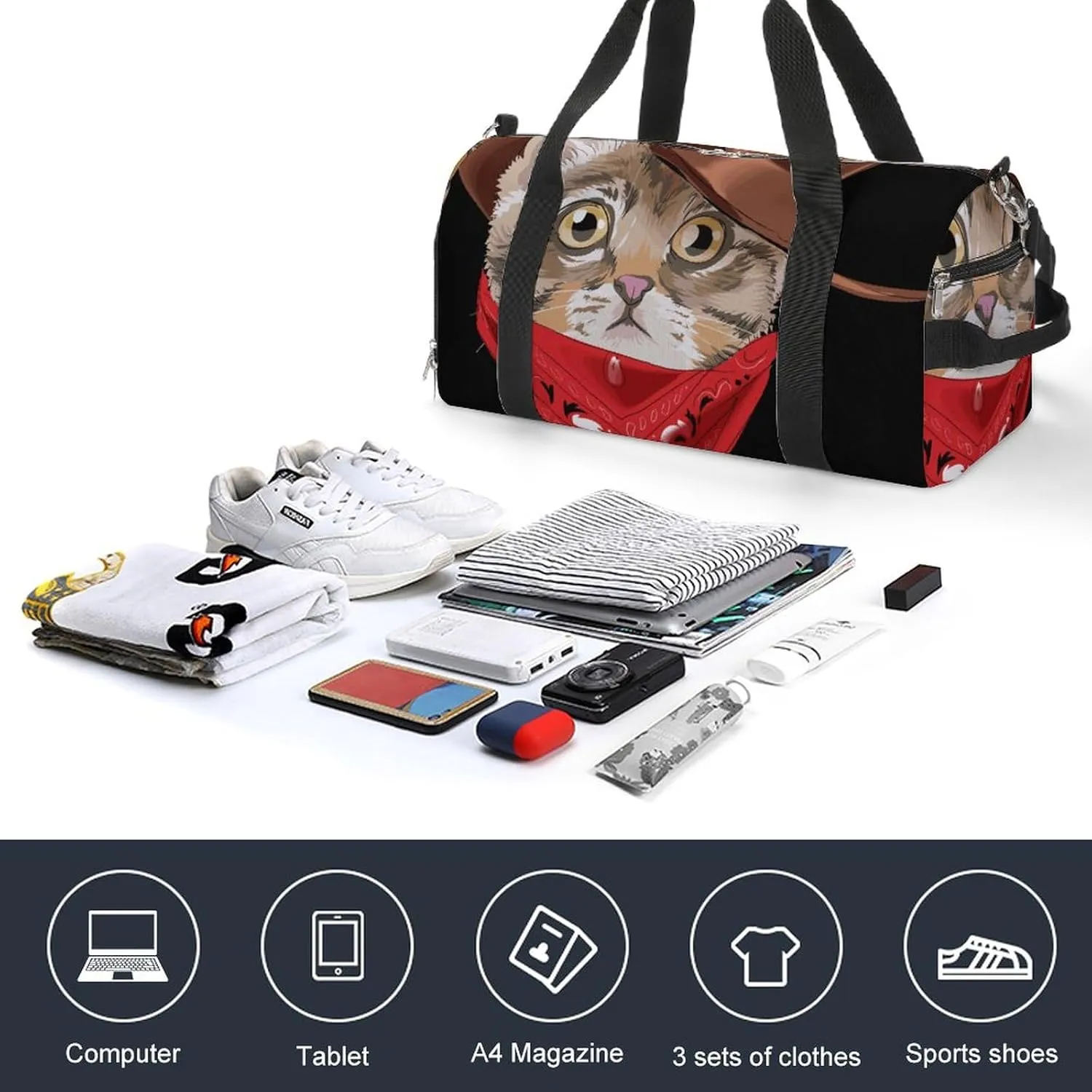 Little Kitten in Cowboy Sports Tote Gym Bag for Women Men, Overnight Bag with Shoe Compartment Water Resistant