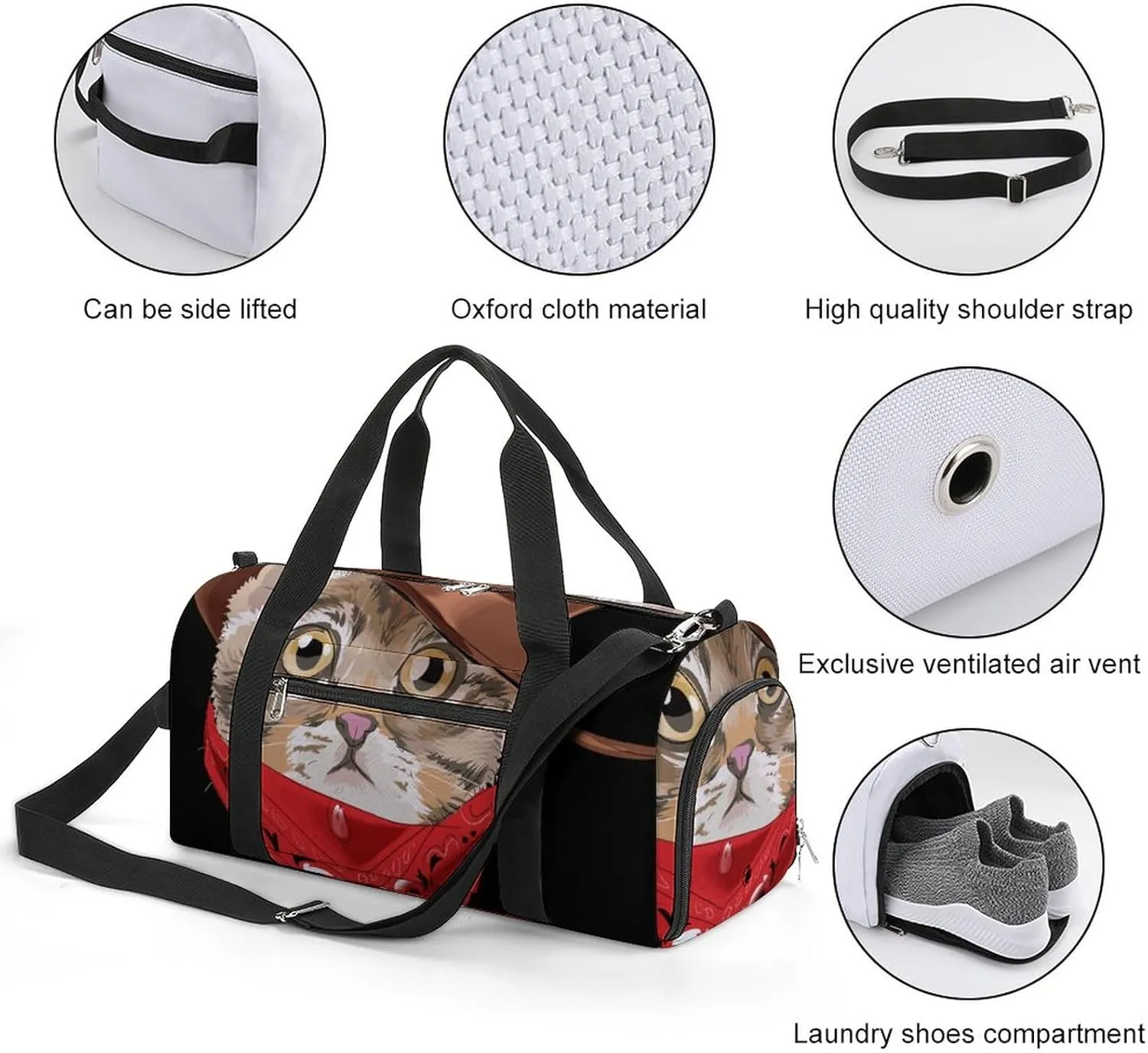 Little Kitten in Cowboy Sports Tote Gym Bag for Women Men, Overnight Bag with Shoe Compartment Water Resistant