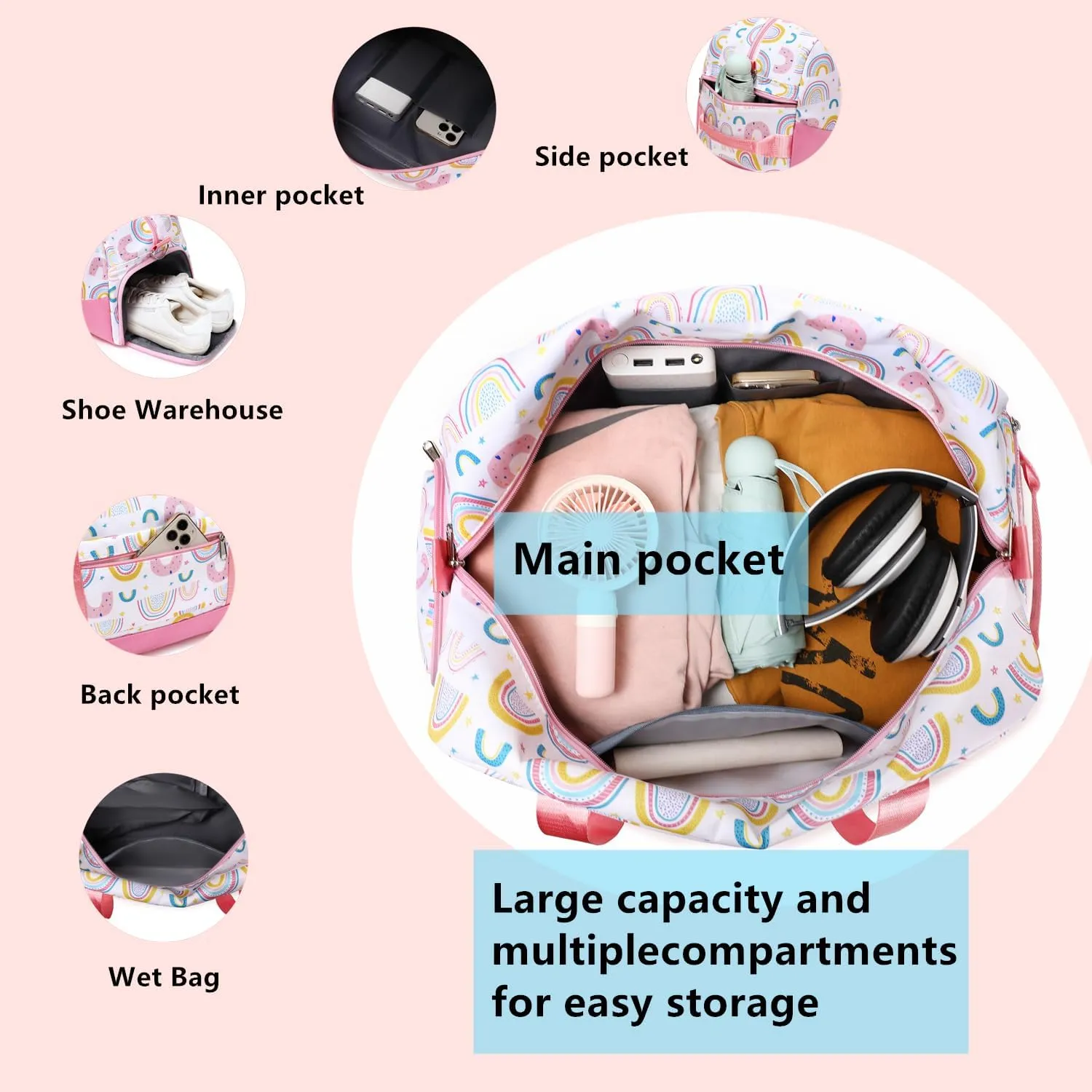 Lmwzh Kids Duffle Bag For Girls Perfect For Early Elementary Overnight Travel Bag With Shoes Compartment Dry And Wet Pocket Carry On Weekender Bag (Rainbow)