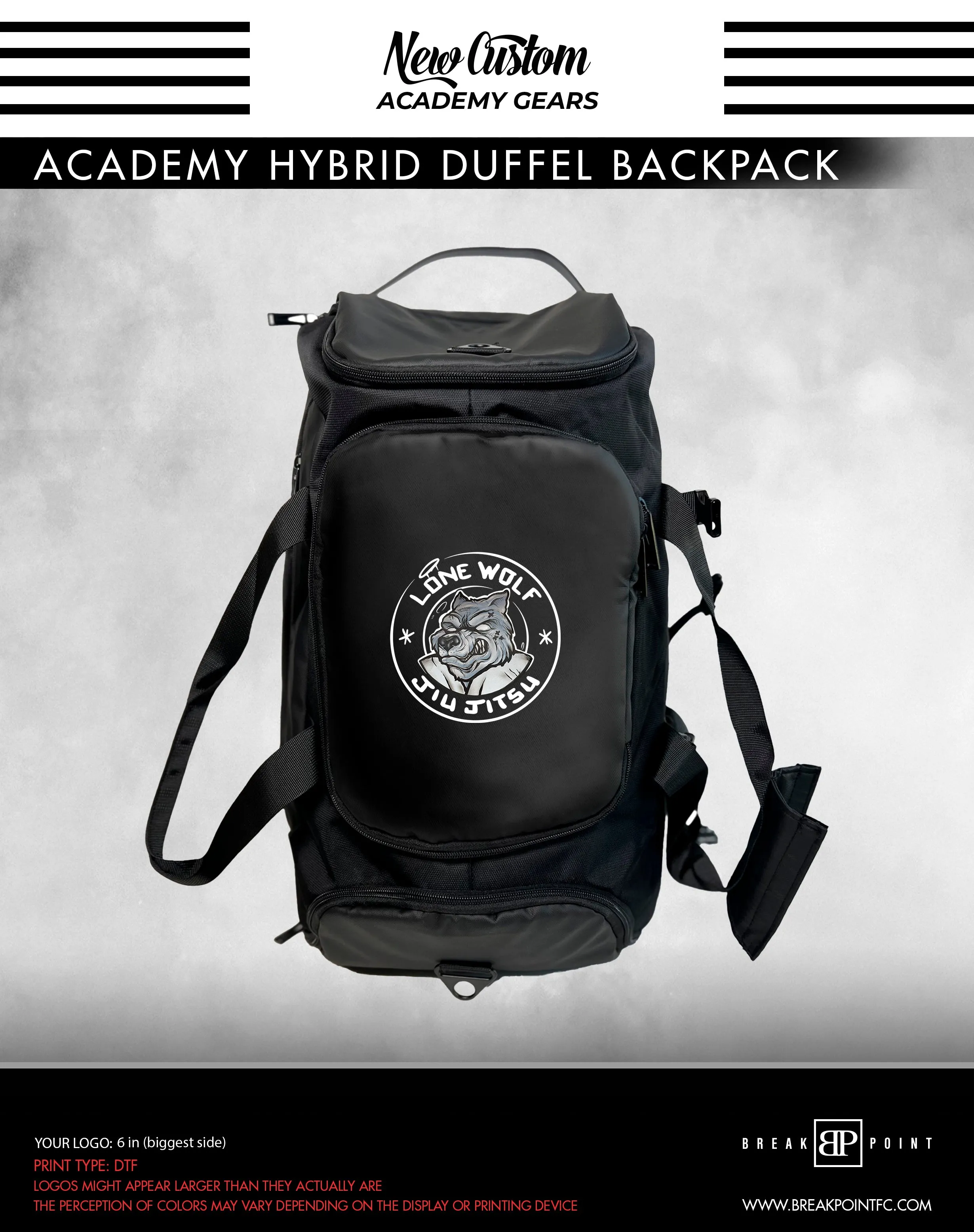 Lone Wolf Jiu Jitsu Academy Hybrid Duffel Backpack #332 F