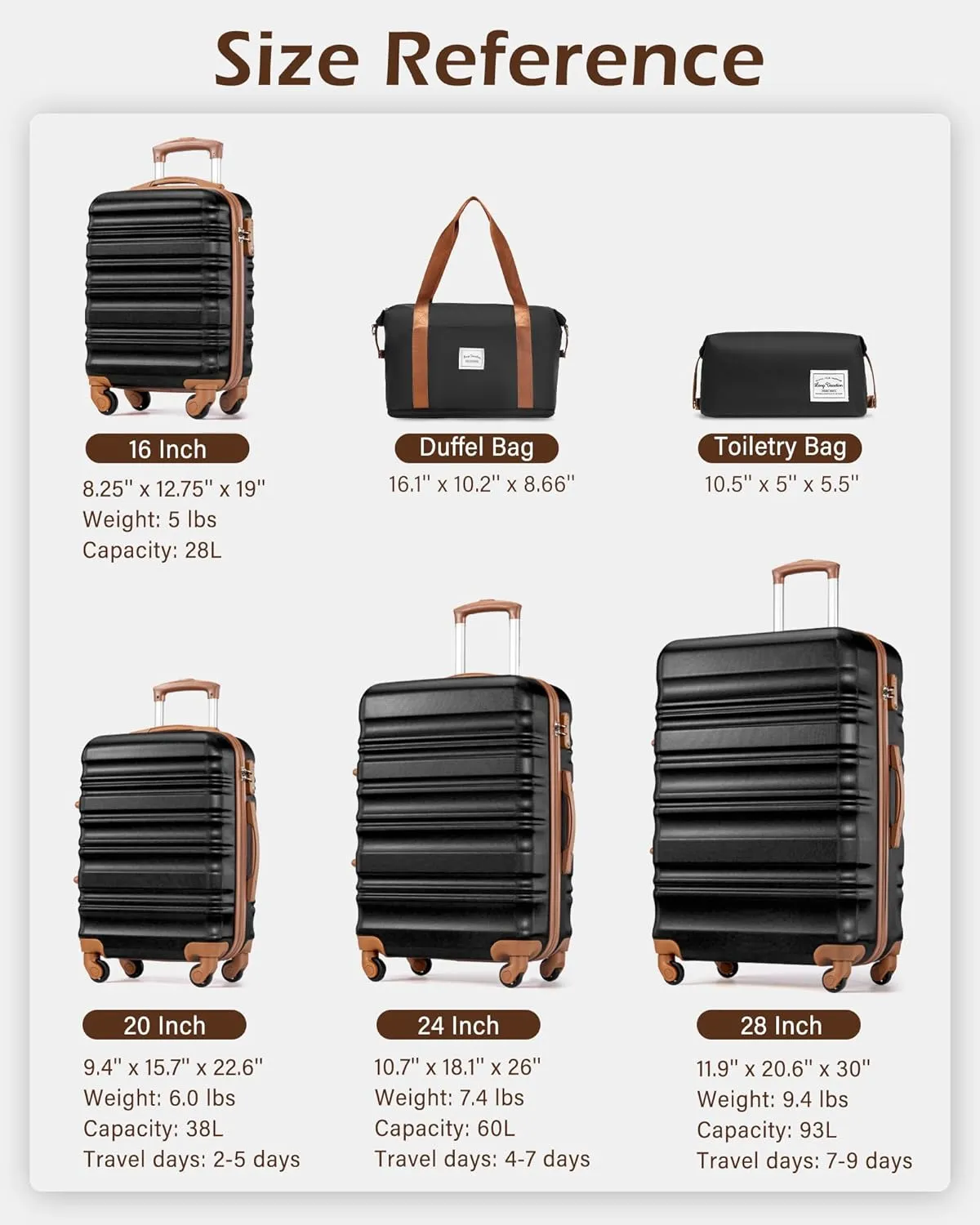 LONG VACATION 6 Piece Luggage Set Carry on Suitcase with ABS PC hardshell, Spinner Wheels & YKK Zipper TSA Lock (BLACK-BROWN, 6 piece set)