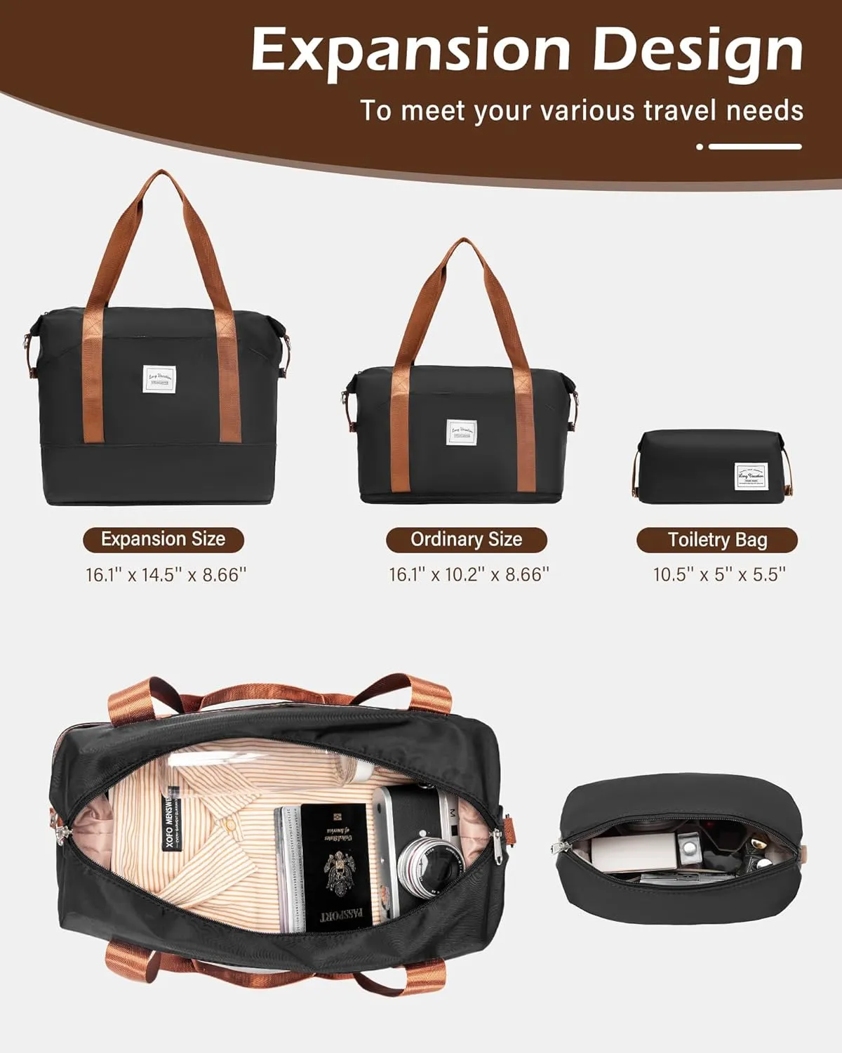 LONG VACATION 6 Piece Luggage Set Carry on Suitcase with ABS PC hardshell, Spinner Wheels & YKK Zipper TSA Lock (BLACK-BROWN, 6 piece set)