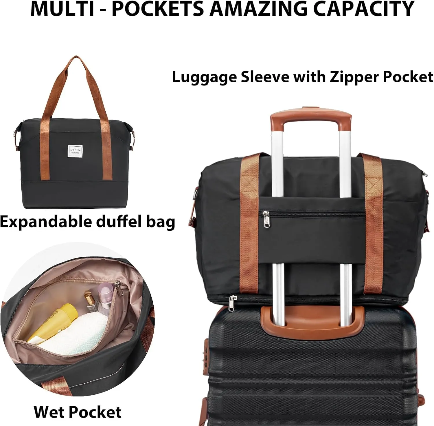 LONG VACATION 6 Piece Luggage Set Carry on Suitcase with ABS PC hardshell, Spinner Wheels & YKK Zipper TSA Lock (BLACK-BROWN, 6 piece set)