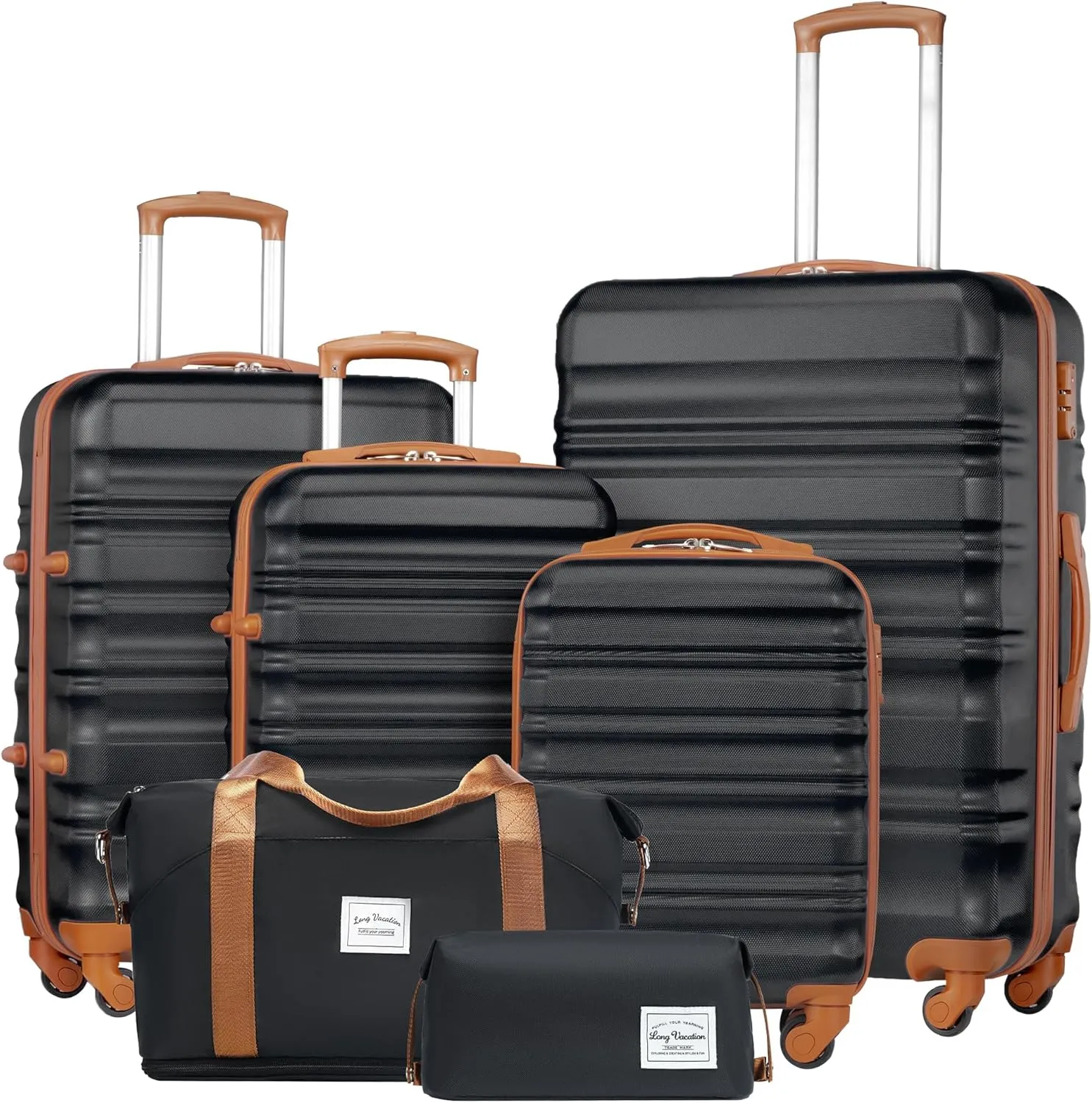 LONG VACATION 6 Piece Luggage Set Carry on Suitcase with ABS PC hardshell, Spinner Wheels & YKK Zipper TSA Lock (BLACK-BROWN, 6 piece set)
