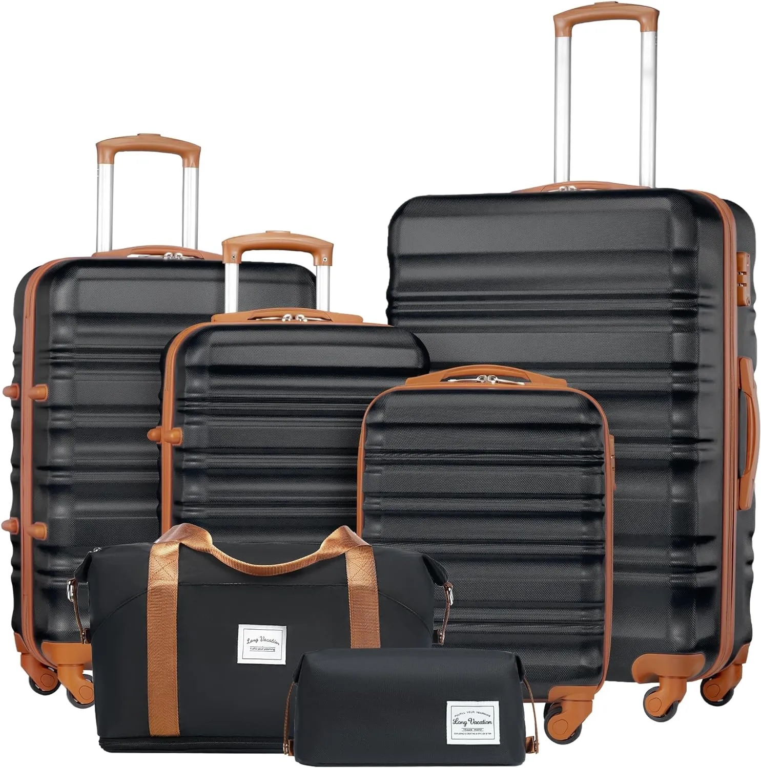 LONG VACATION 6 Piece Luggage Set Carry on Suitcase with ABS PC hardshell, Spinner Wheels & YKK Zipper TSA Lock (BLACK-BROWN, 6 piece set)