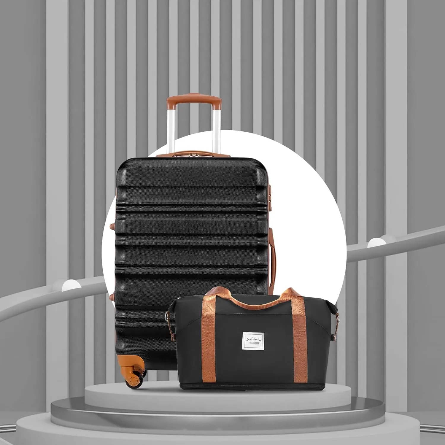 LONG VACATION 6 Piece Luggage Set Carry on Suitcase with ABS PC hardshell, Spinner Wheels & YKK Zipper TSA Lock (BLACK-BROWN, 6 piece set)