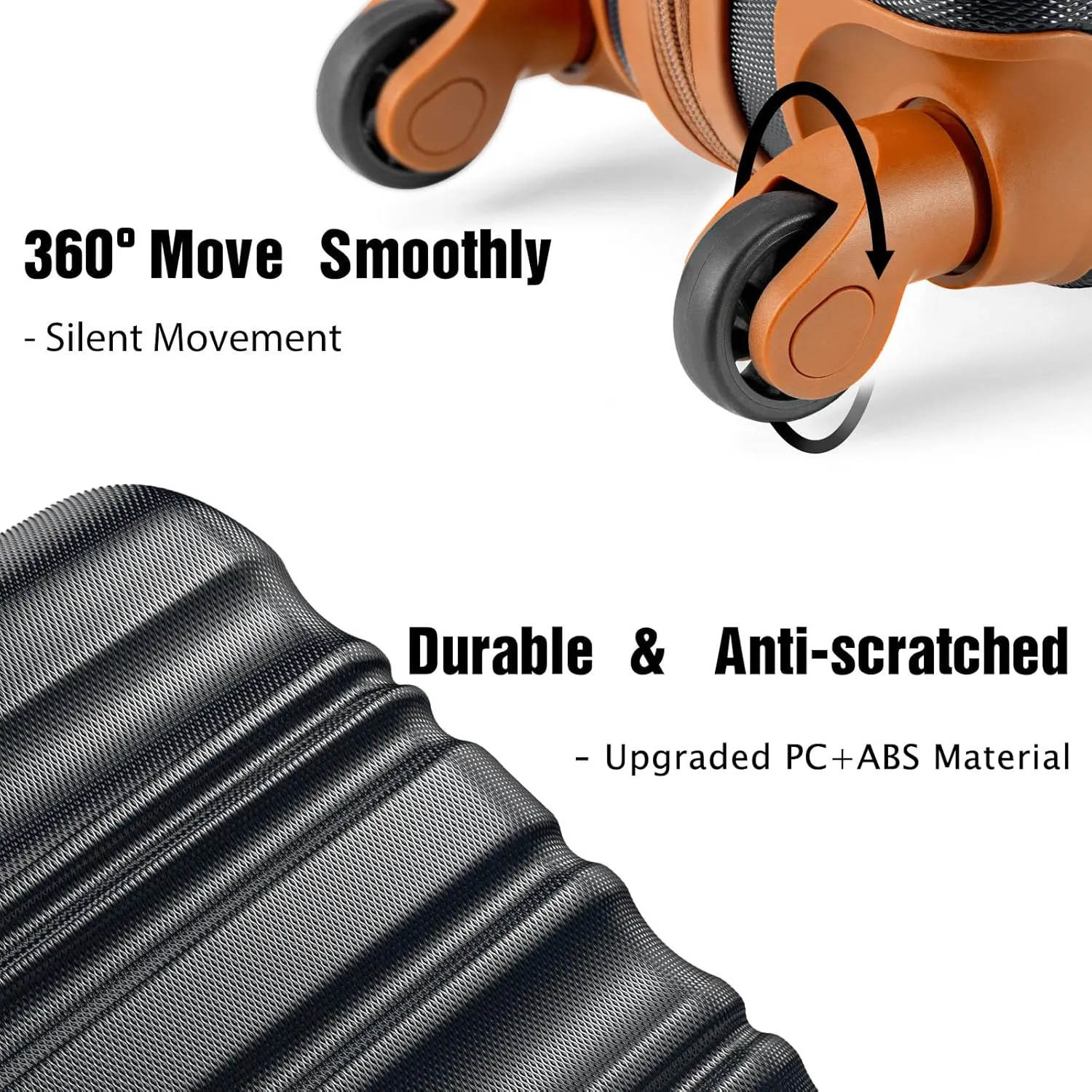 LONG VACATION 6 Piece Luggage Set Carry on Suitcase with ABS PC hardshell, Spinner Wheels & YKK Zipper TSA Lock (BLACK-BROWN, 6 piece set)