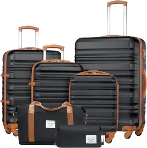 LONG VACATION 6 Piece Luggage Set Carry on Suitcase with ABS PC hardshell, Spinner Wheels & YKK Zipper TSA Lock (BLACK-BROWN, 6 piece set)