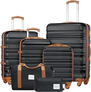 LONG VACATION 6 Piece Luggage Set Carry on Suitcase with ABS PC hardshell, Spinner Wheels & YKK Zipper TSA Lock (BLACK-BROWN, 6 piece set)