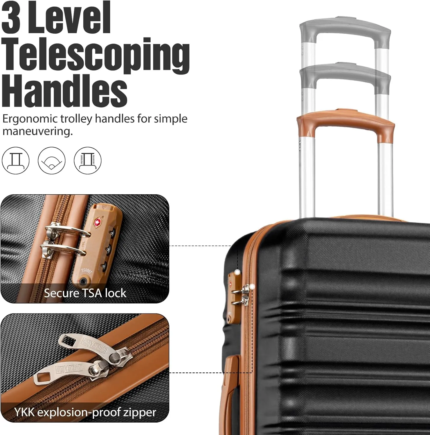 LONG VACATION 6 Piece Luggage Set Carry on Suitcase with ABS PC hardshell, Spinner Wheels & YKK Zipper TSA Lock (BLACK-BROWN, 6 piece set)