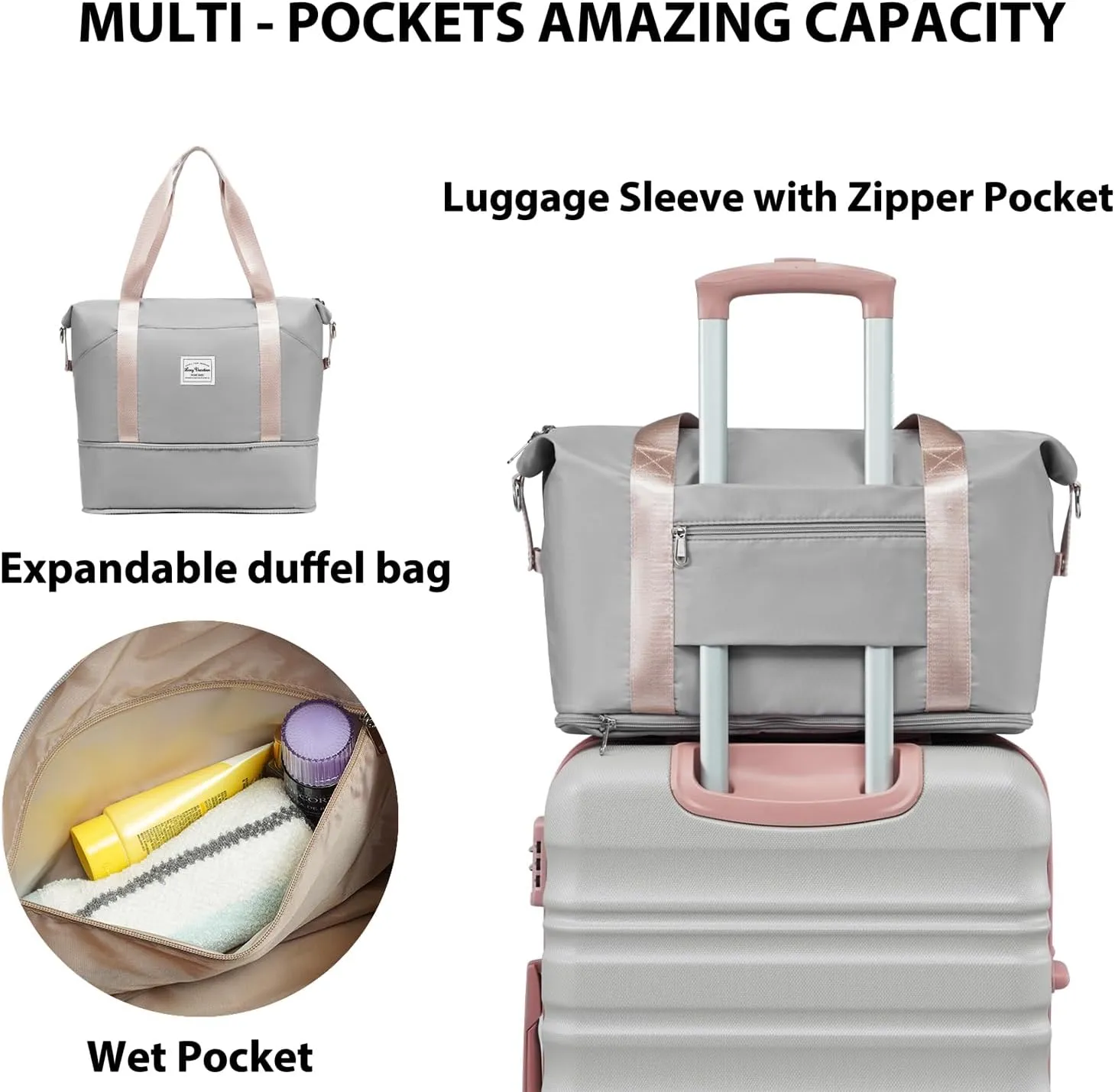 LONG VACATION 6 Piece Luggage Set Carry on Suitcase with ABS PC hardshell, Spinner Wheels & YKK Zipper TSA Lock (GREY-PINK, 6 piece set)