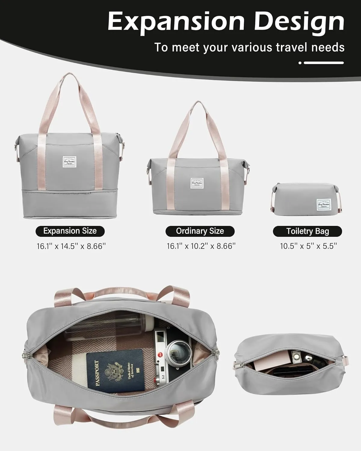 LONG VACATION 6 Piece Luggage Set Carry on Suitcase with ABS PC hardshell, Spinner Wheels & YKK Zipper TSA Lock (GREY-PINK, 6 piece set)