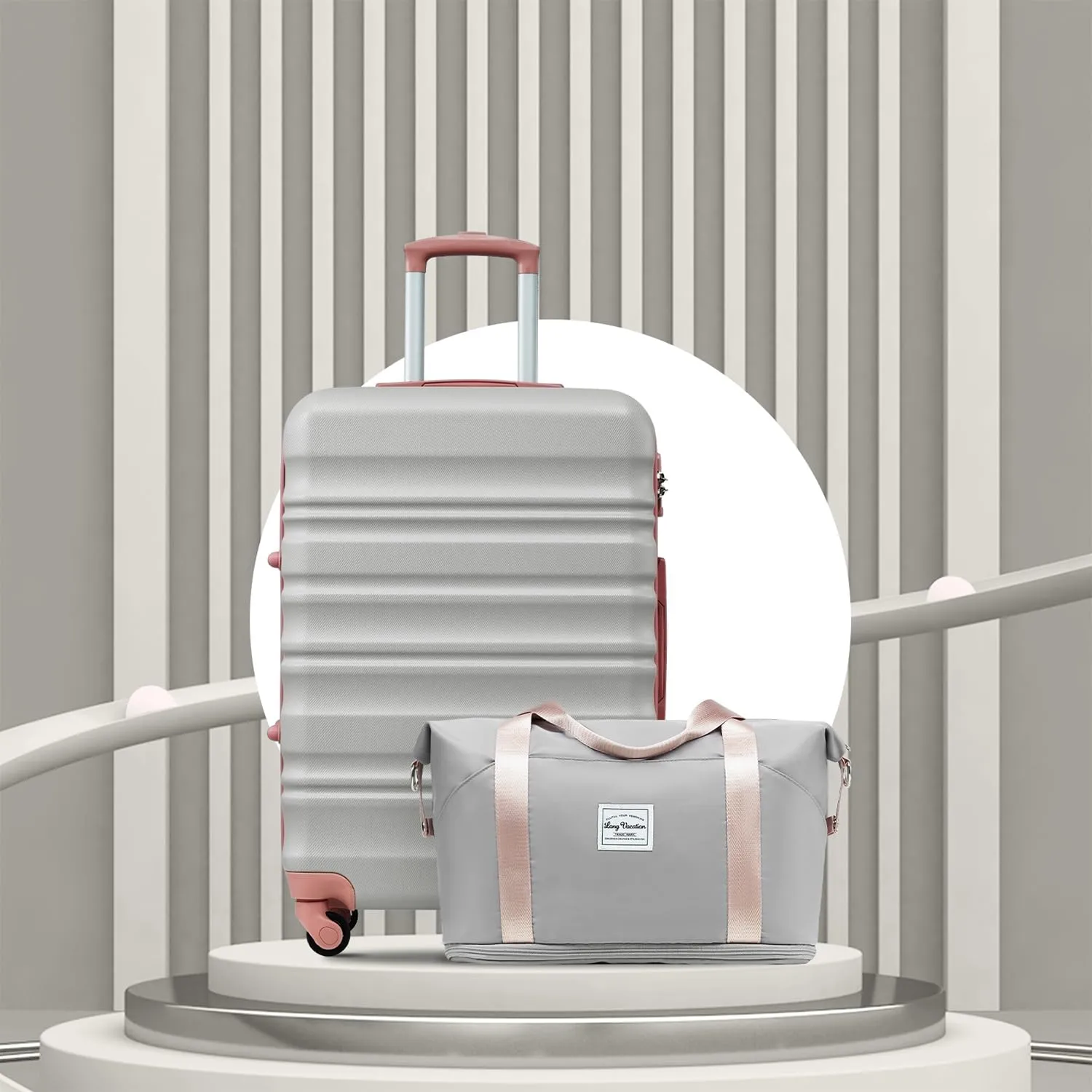 LONG VACATION 6 Piece Luggage Set Carry on Suitcase with ABS PC hardshell, Spinner Wheels & YKK Zipper TSA Lock (GREY-PINK, 6 piece set)