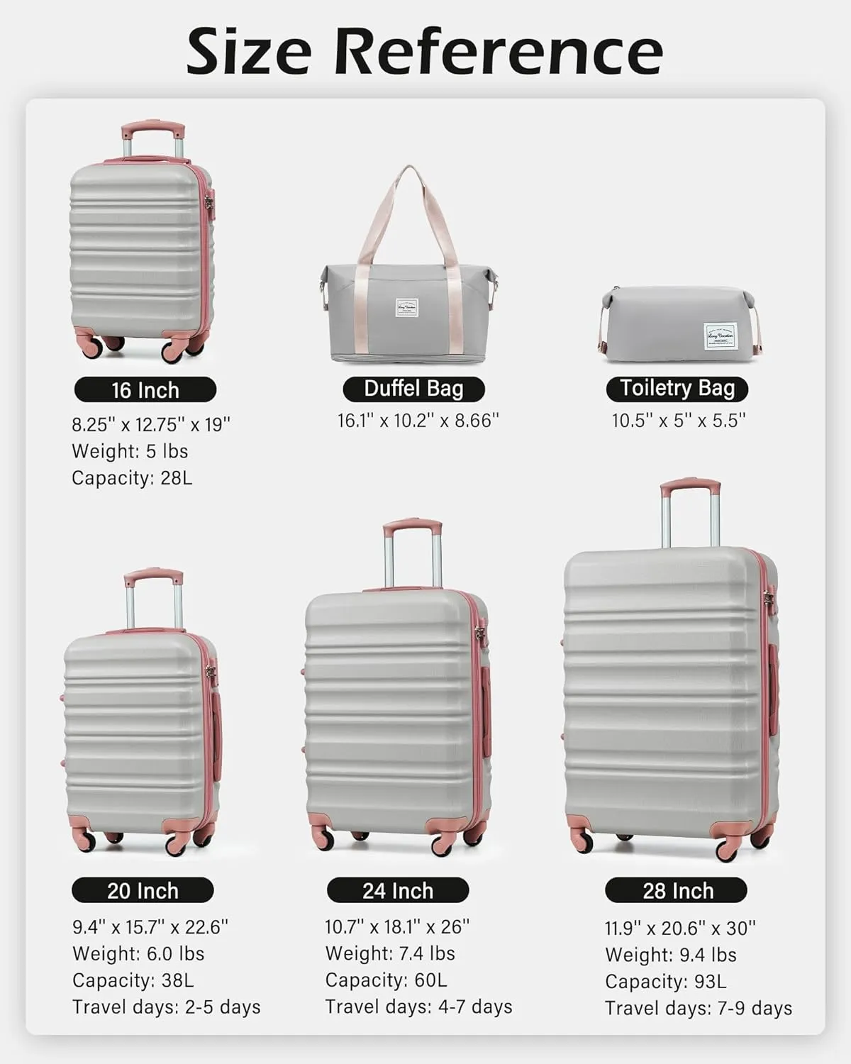LONG VACATION 6 Piece Luggage Set Carry on Suitcase with ABS PC hardshell, Spinner Wheels & YKK Zipper TSA Lock (GREY-PINK, 6 piece set)