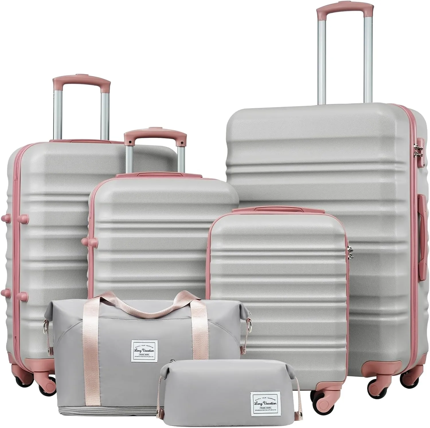 LONG VACATION 6 Piece Luggage Set Carry on Suitcase with ABS PC hardshell, Spinner Wheels & YKK Zipper TSA Lock (GREY-PINK, 6 piece set)