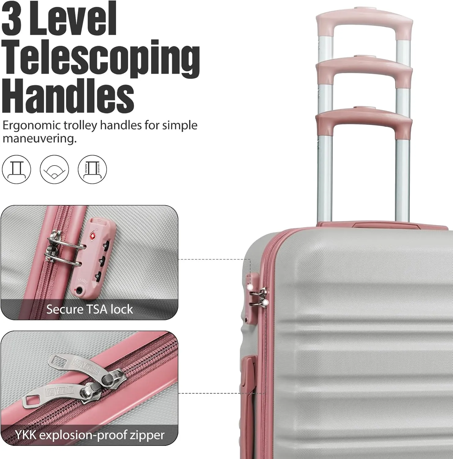 LONG VACATION 6 Piece Luggage Set Carry on Suitcase with ABS PC hardshell, Spinner Wheels & YKK Zipper TSA Lock (GREY-PINK, 6 piece set)