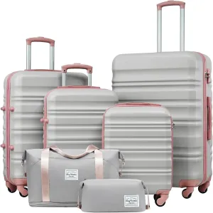 LONG VACATION 6 Piece Luggage Set Carry on Suitcase with ABS PC hardshell, Spinner Wheels & YKK Zipper TSA Lock (GREY-PINK, 6 piece set)