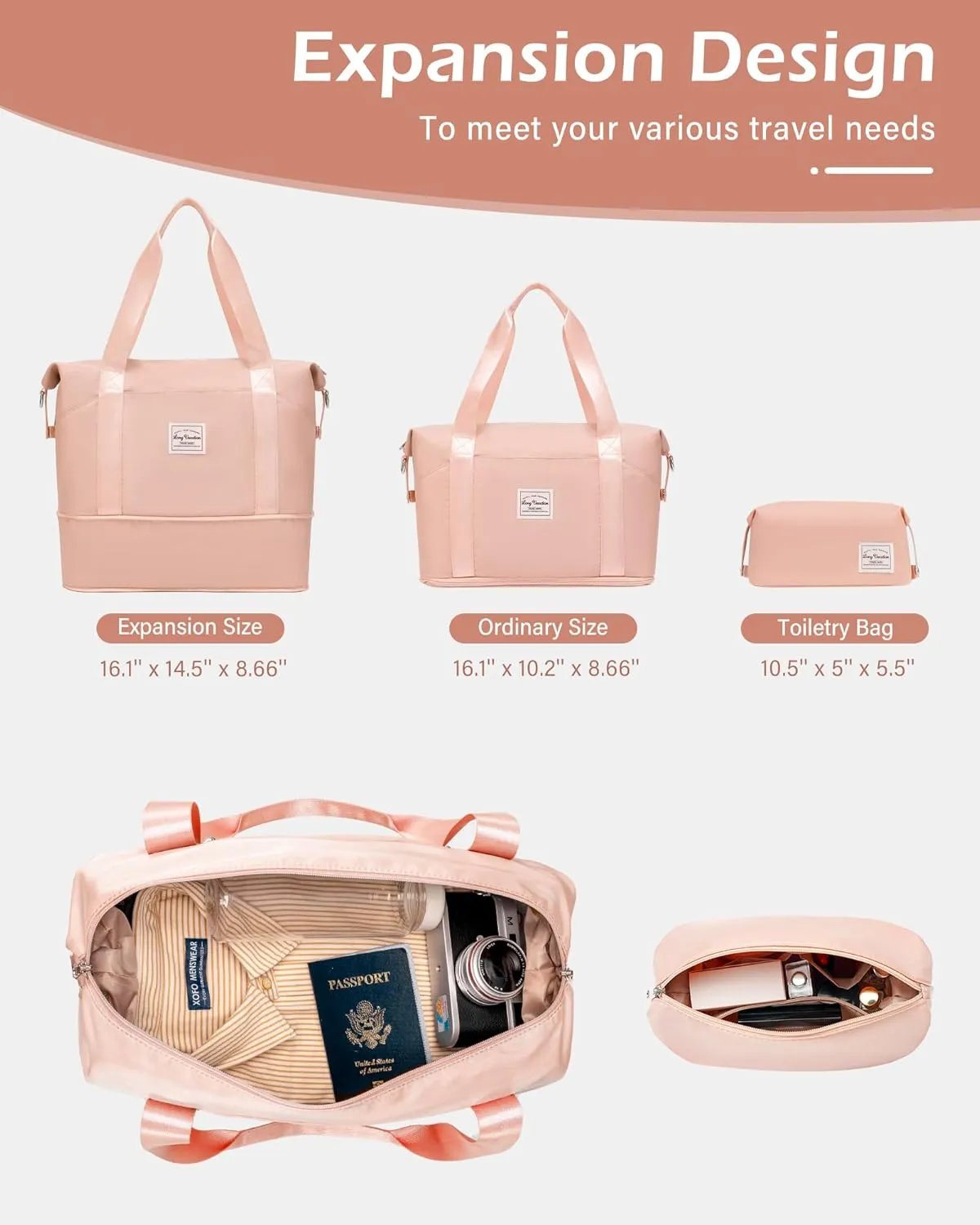 LONG VACATION 6 Piece Luggage Set Carry on Suitcase with ABS PC hardshell, Spinner Wheels & YKK Zipper TSA Lock (PINK, 6 piece set)